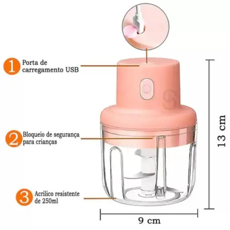 Mini processador de alimentos elétrico 250ml, triturador recarregável sem fio, utensílio de cozinha