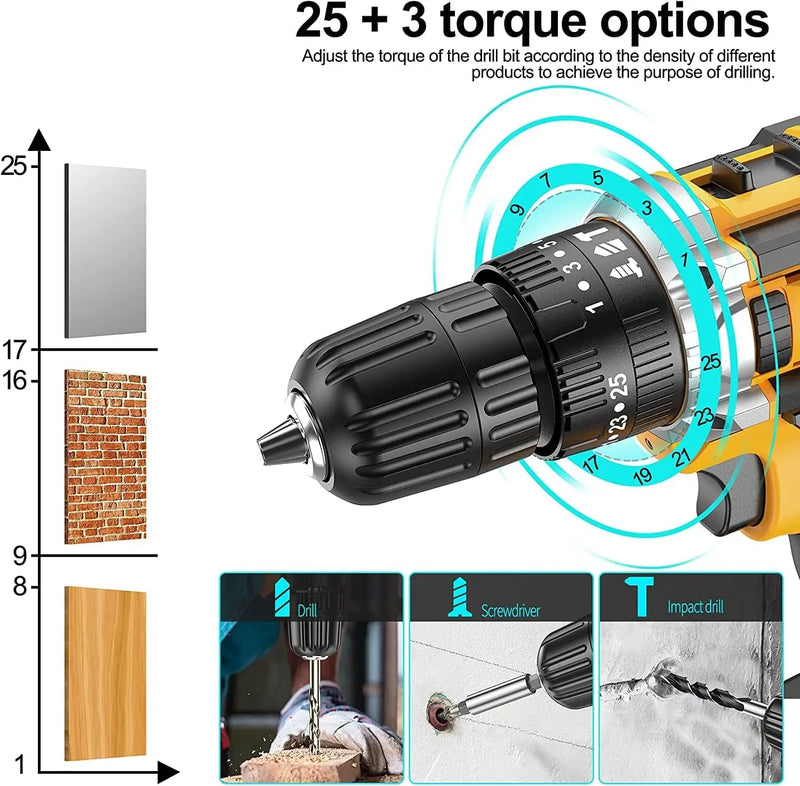 Kit de Furadeira Elétrica Sem Fio 21V - 59 Peças com Mandril 3/8'' Sem Chave, Embreagem 25 Níveis e Alta Performance