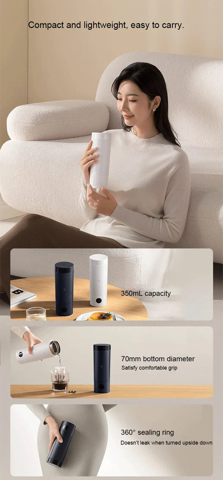 Xiaomi Mijia 2023: Chaleira Elétrica Portátil Inteligente 2 em 1 – Copo Térmico 350ml com Controle de Temperatura para Viagens