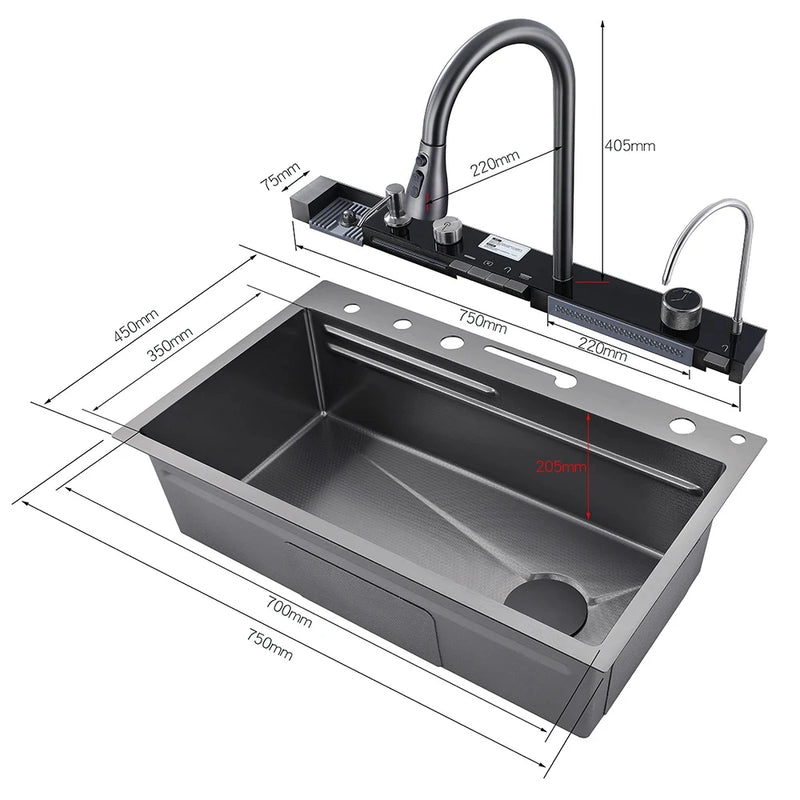 Pia de Cozinha 304 Aço Inoxidável com Torneira Digital, Dispensador de Sabão e Lavadora de Copos