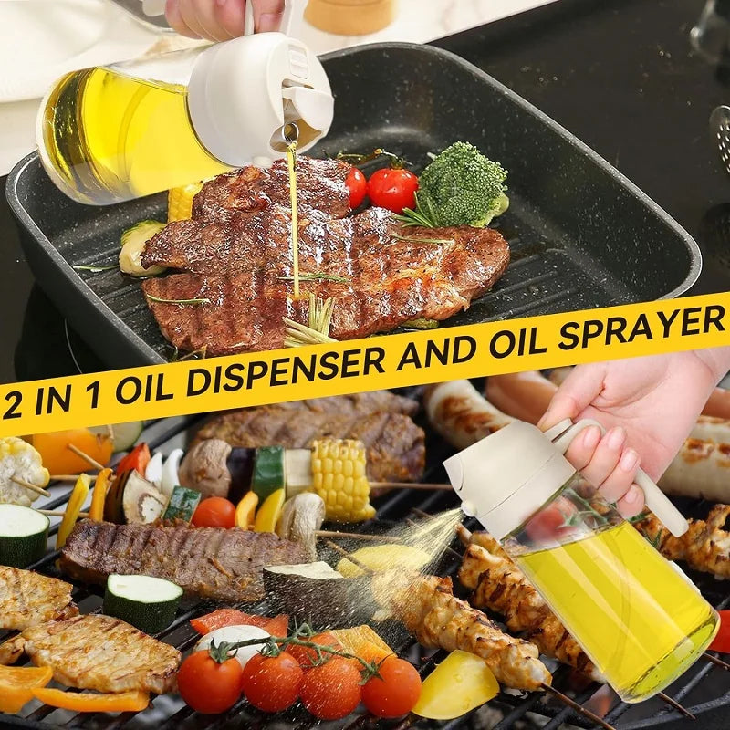 Dispenser 2 em 1 com Spray – Óleo, Vinagre e Molhos para Cozinha e Churrasco"